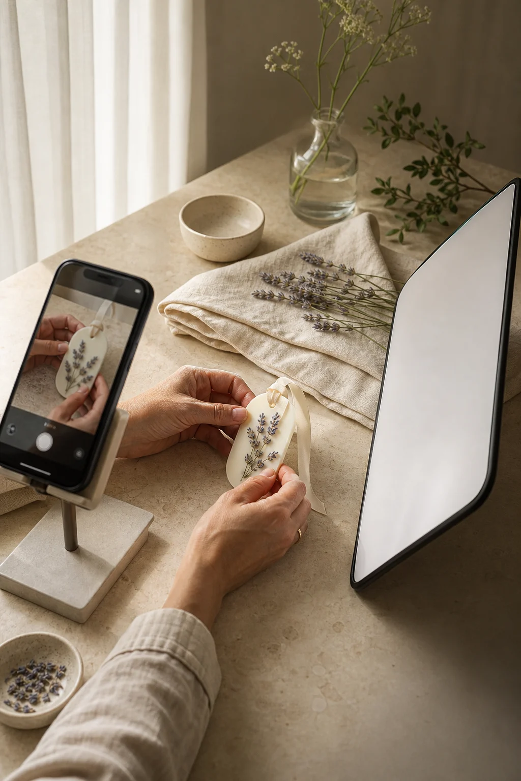 A botanical wax maker photographing a product with a phone