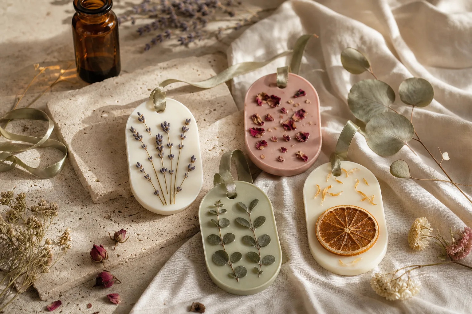 Botanical wax sachets arranged with flowers and ribbon