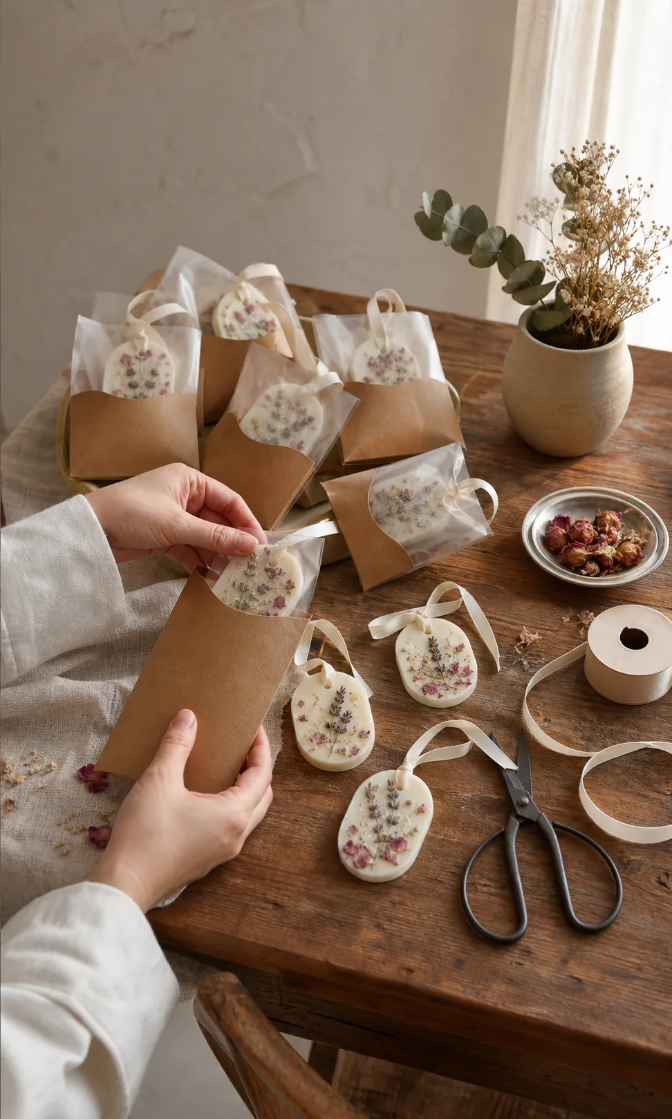 Botanical wax sachets being packaged by hand