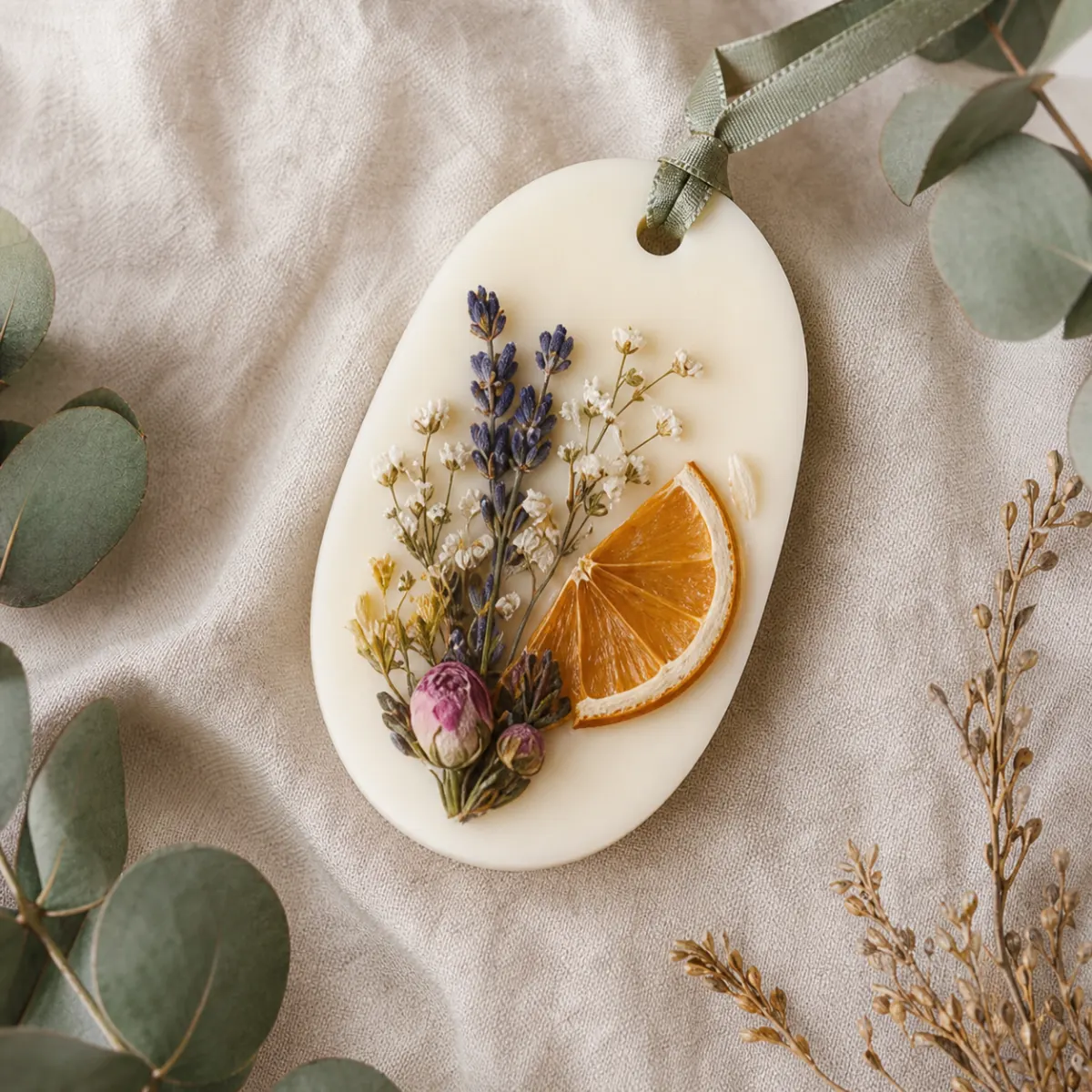 Botanical wax sachet decorated with lavender, flowers and dried citrus