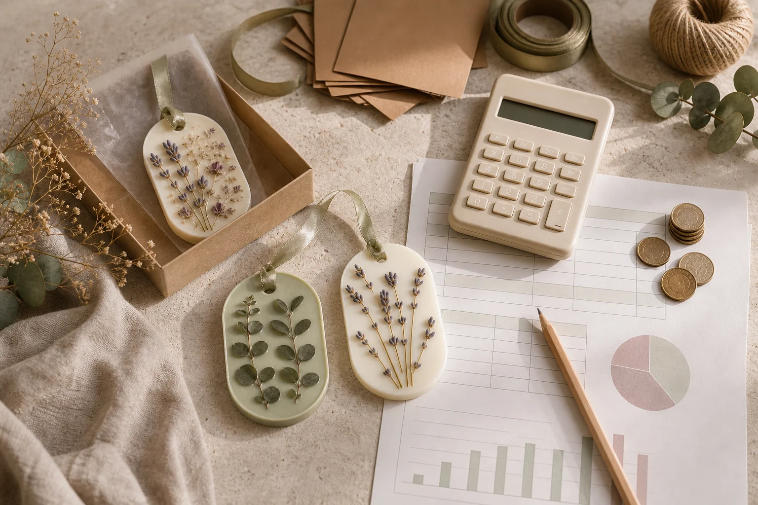 Botanical wax sachets arranged with a calculator, cost sheet and packaging materials